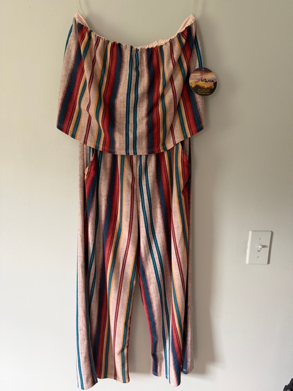 Off-Shoulder Striped Jumpsuit in Multi-Color by Unknown Brand